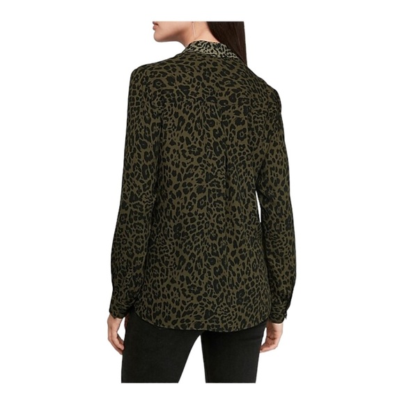 Express Women Size XS Blouse Green Black Animal Print Twist Front Long Sleeve - Picture 3 of 14